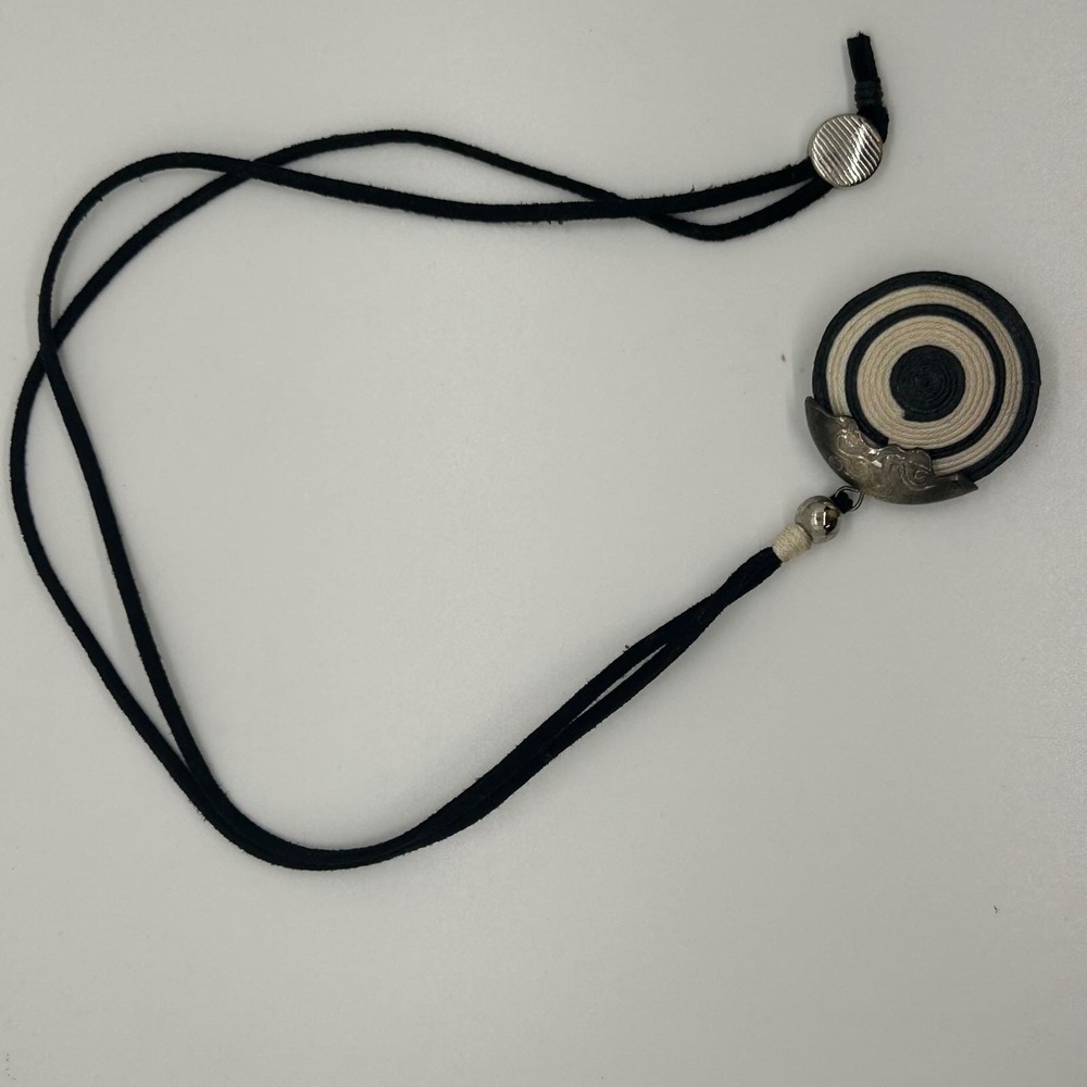 Vintage Boho Black White Spiral Cord Pendant Necklace Silver Tone Slide Closure